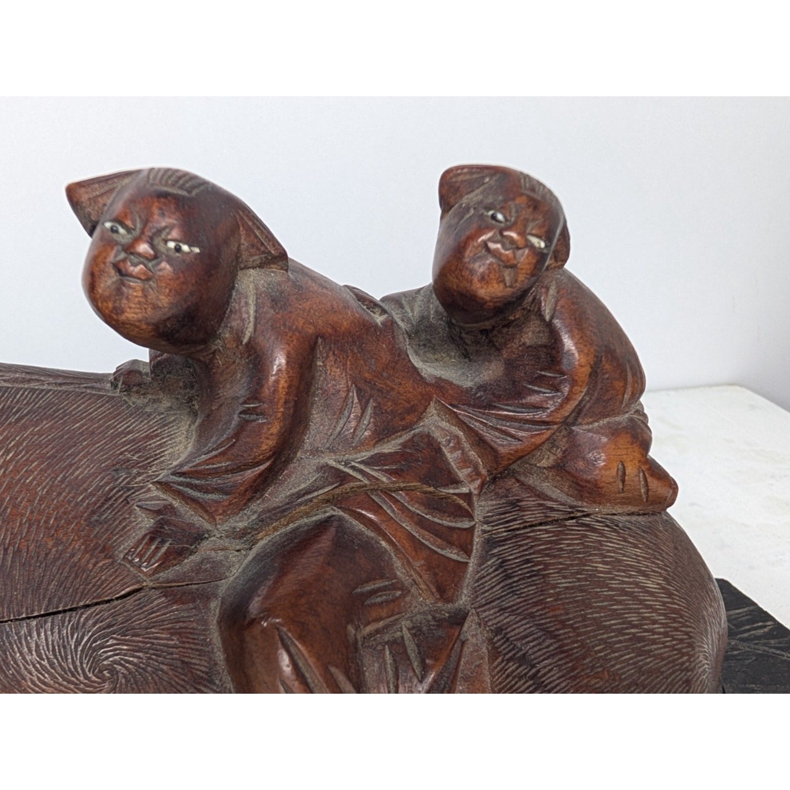 Chinese Water Buffalo Hand Carved Statue w/ Stand Antique Republic Period