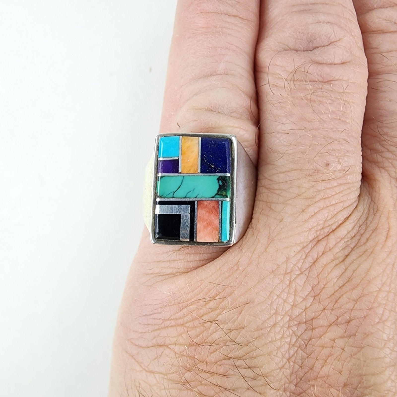 Touch of Santa Fe Inlay Ring Size 9 1/2 Turquoise Onyx Lapis Sterling Silver 925