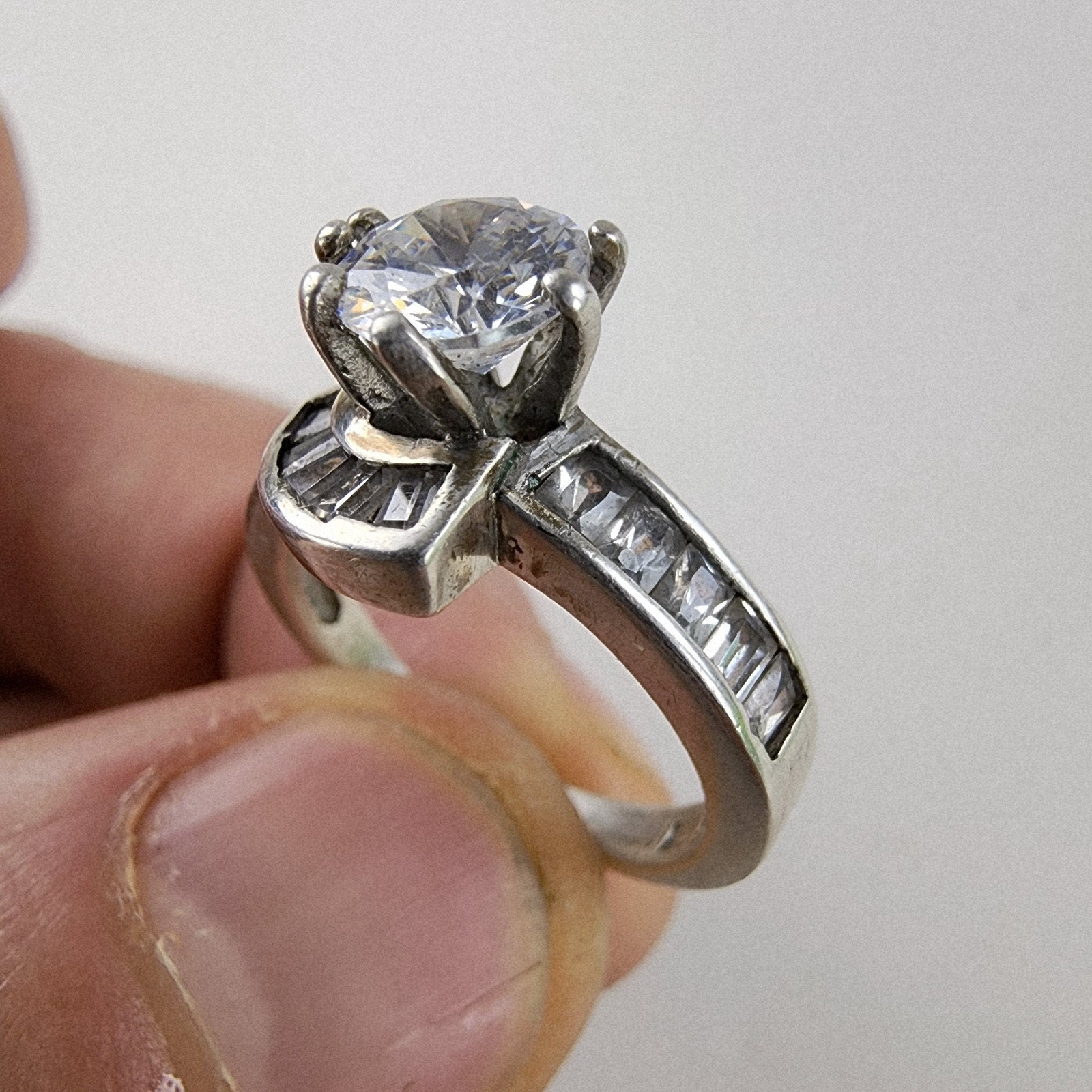 Modernist Quartz Round & Baguette Ring Size 7 Sterling Silver 925 Vintage