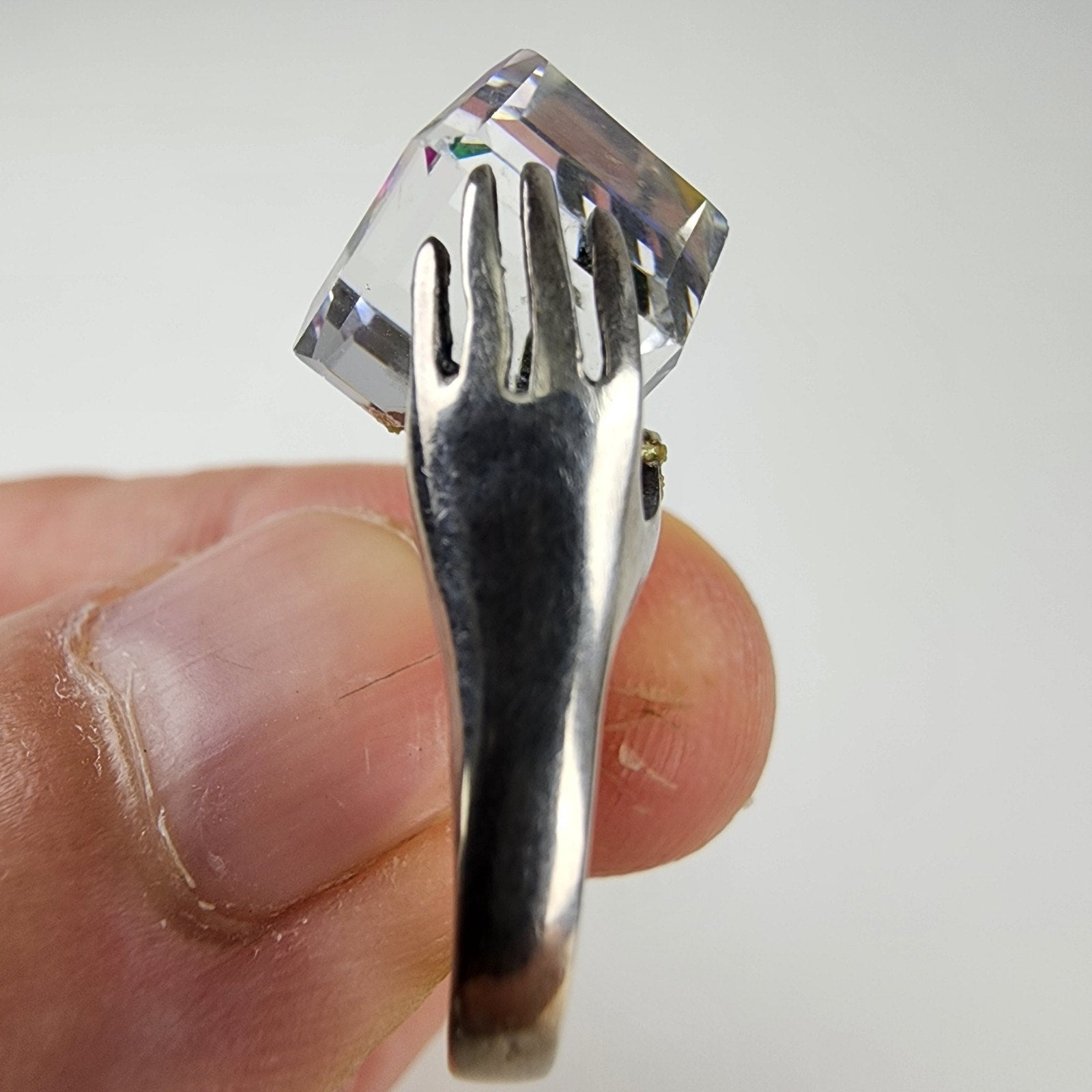 Hands w Iridescent Dichroic Cube Ring Size 7 1/2 Sterling Silver 925 Modernist