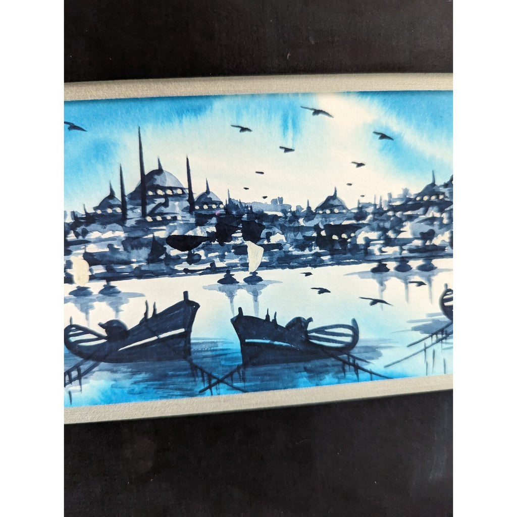 Tonalist Watercolor Cityscape with Boats Signed Ruhan MCM 10" x 24"