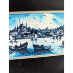 Tonalist Watercolor Cityscape with Boats Signed Ruhan MCM 10" x 24"