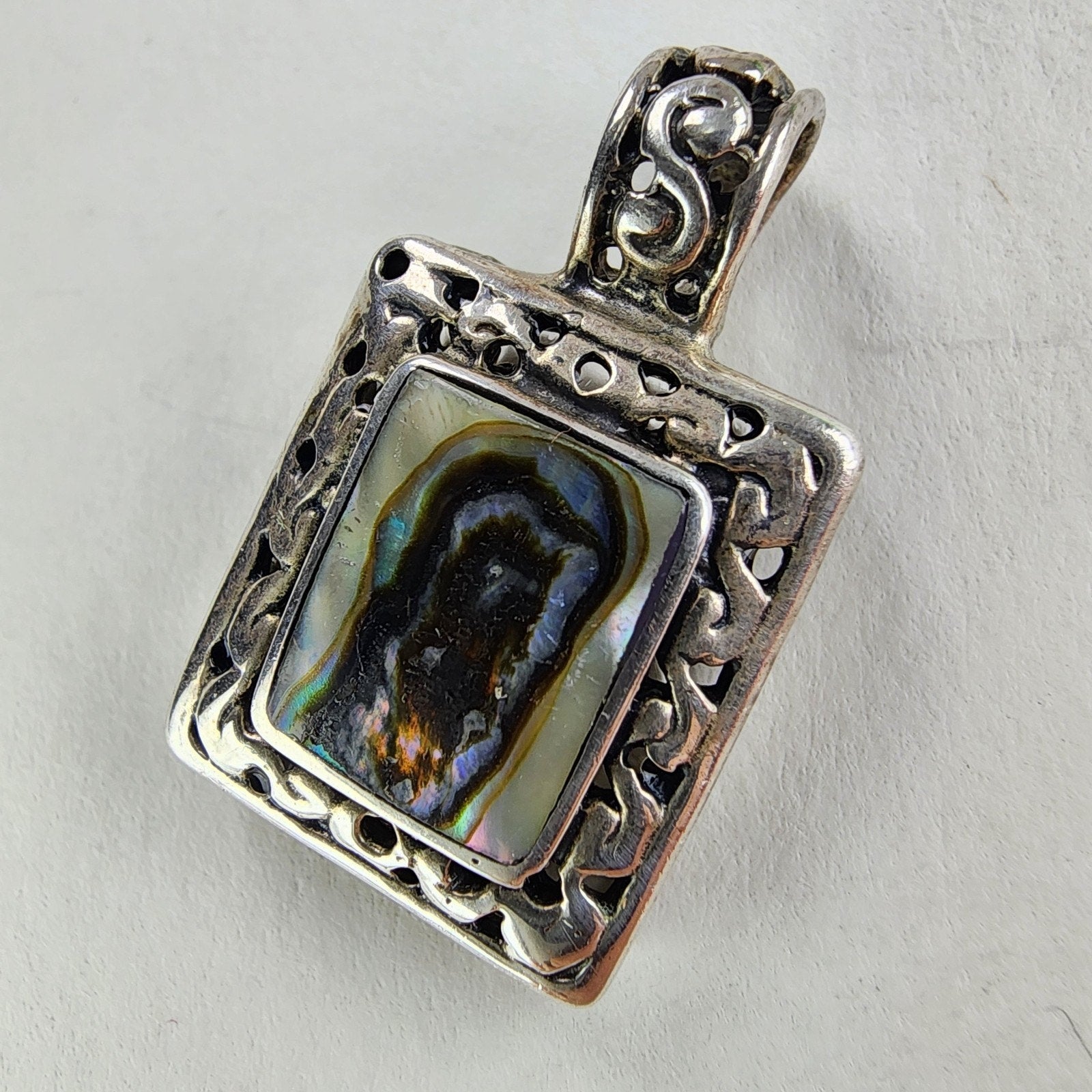 Mexico Abalone Inlay Squre Pendant Sterling Silver 925 Vintage