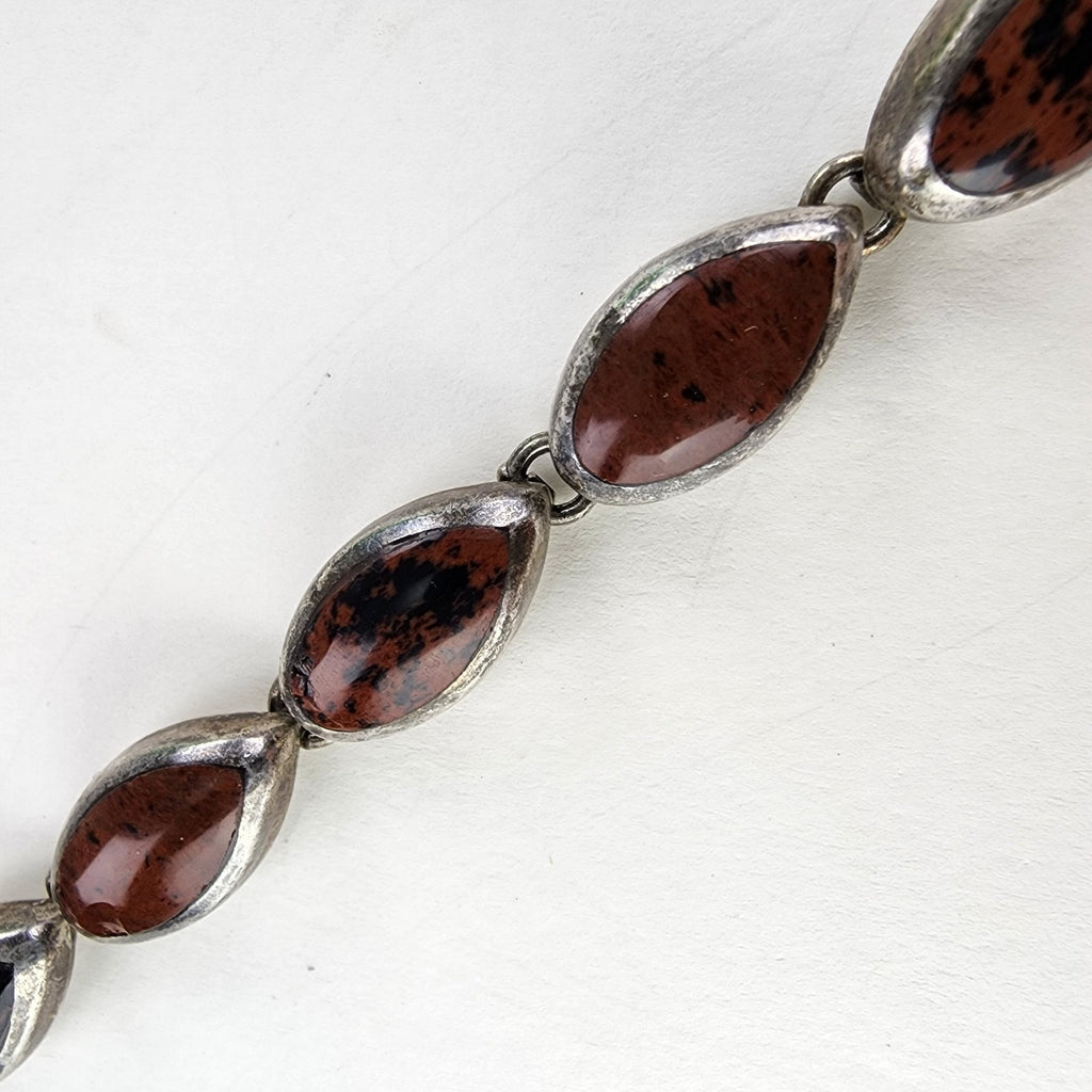 7 1/2" Mahogany Obsidian Inlay Taxco Bracelet Sterling Silver 950