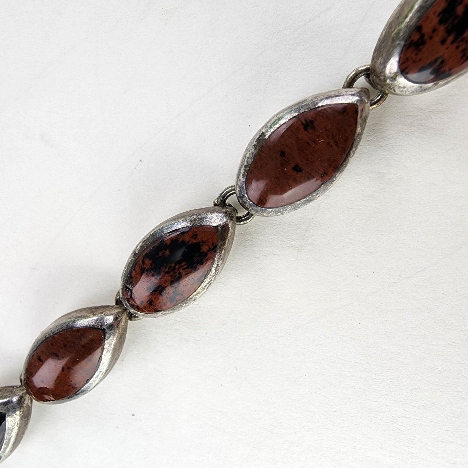 7 1/2" Mahogany Obsidian Inlay Taxco Bracelet Sterling Silver 950