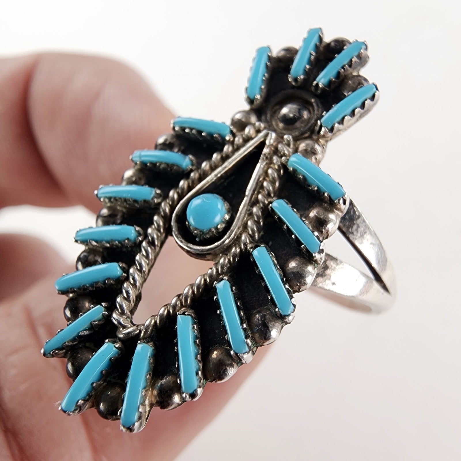 Native Turquoise Needlepoint Ring by Philander Gia Size 9 3/4 Vintage Zuni