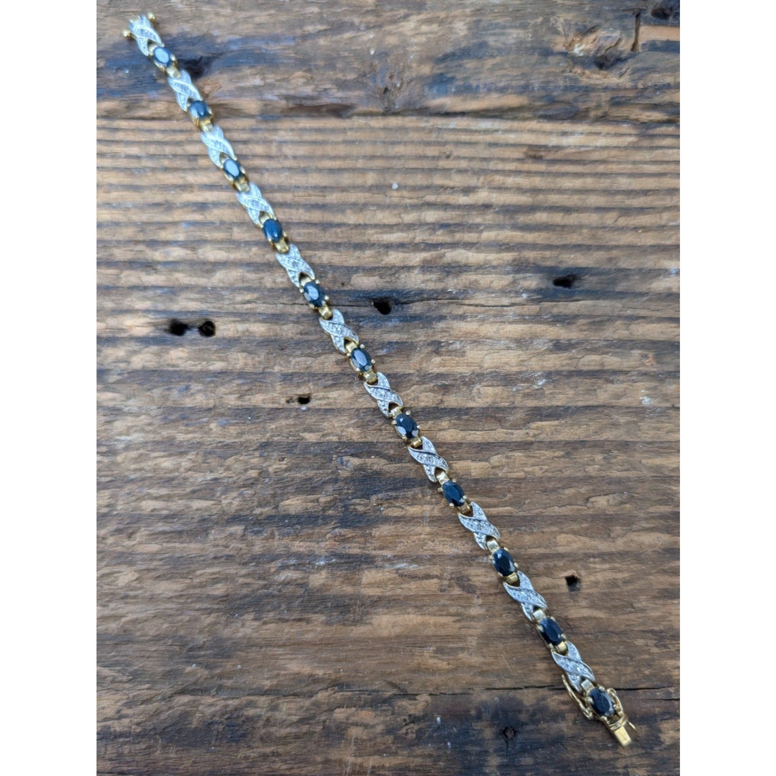 Sapphire & Diamond Gold Over Sterling Silver 925 Tennis Bracelet 7 1/4"