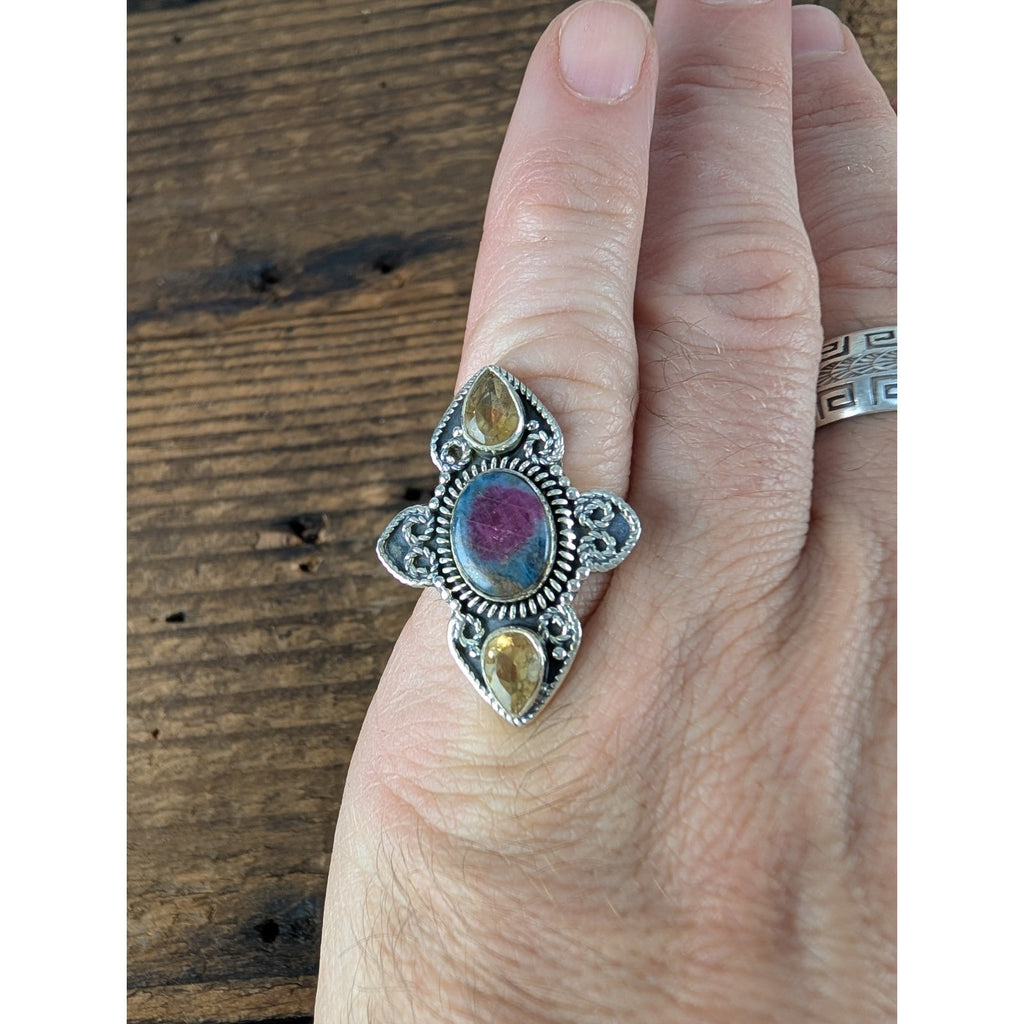 New RUBY ZOISITE & CITRINE Sterling Silver 925 Ring Size 8