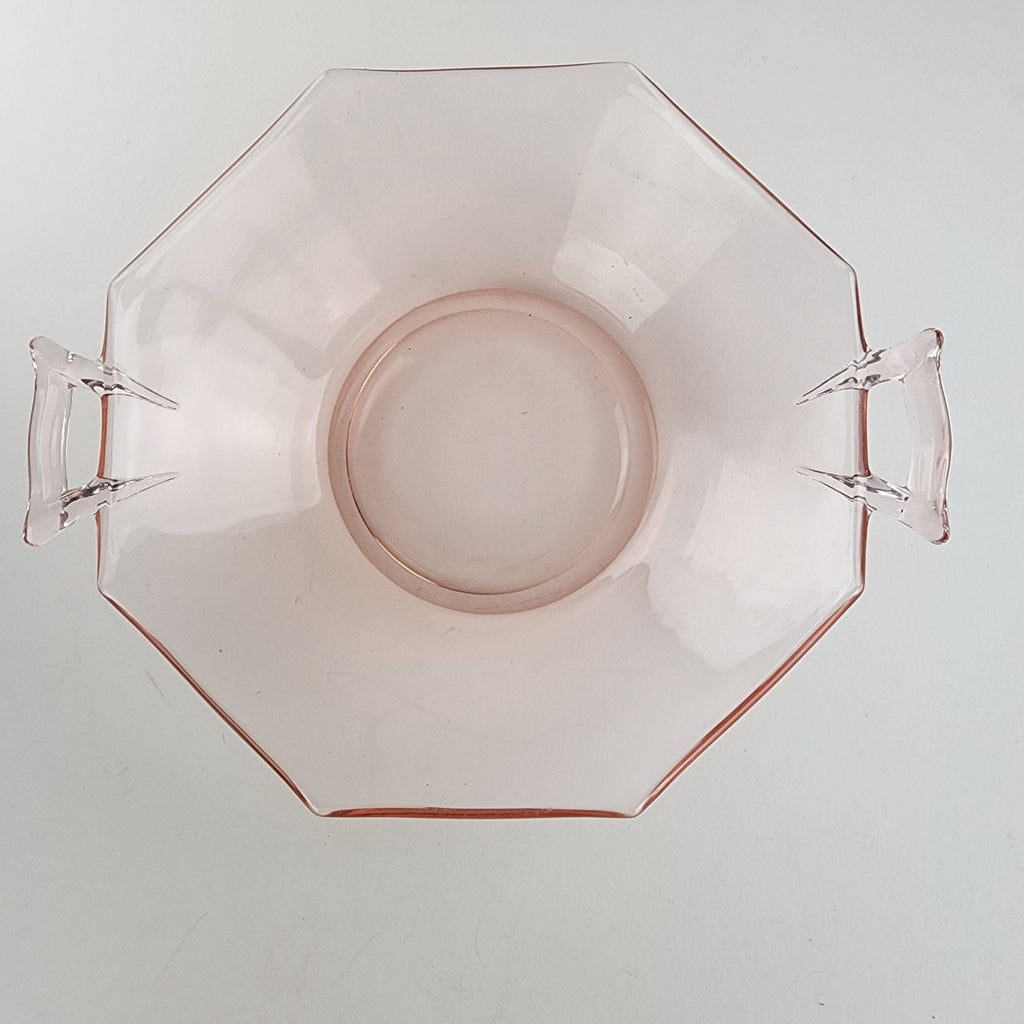 7" Pink Octagon Depression Glass Double Handled Scalloped Bowl