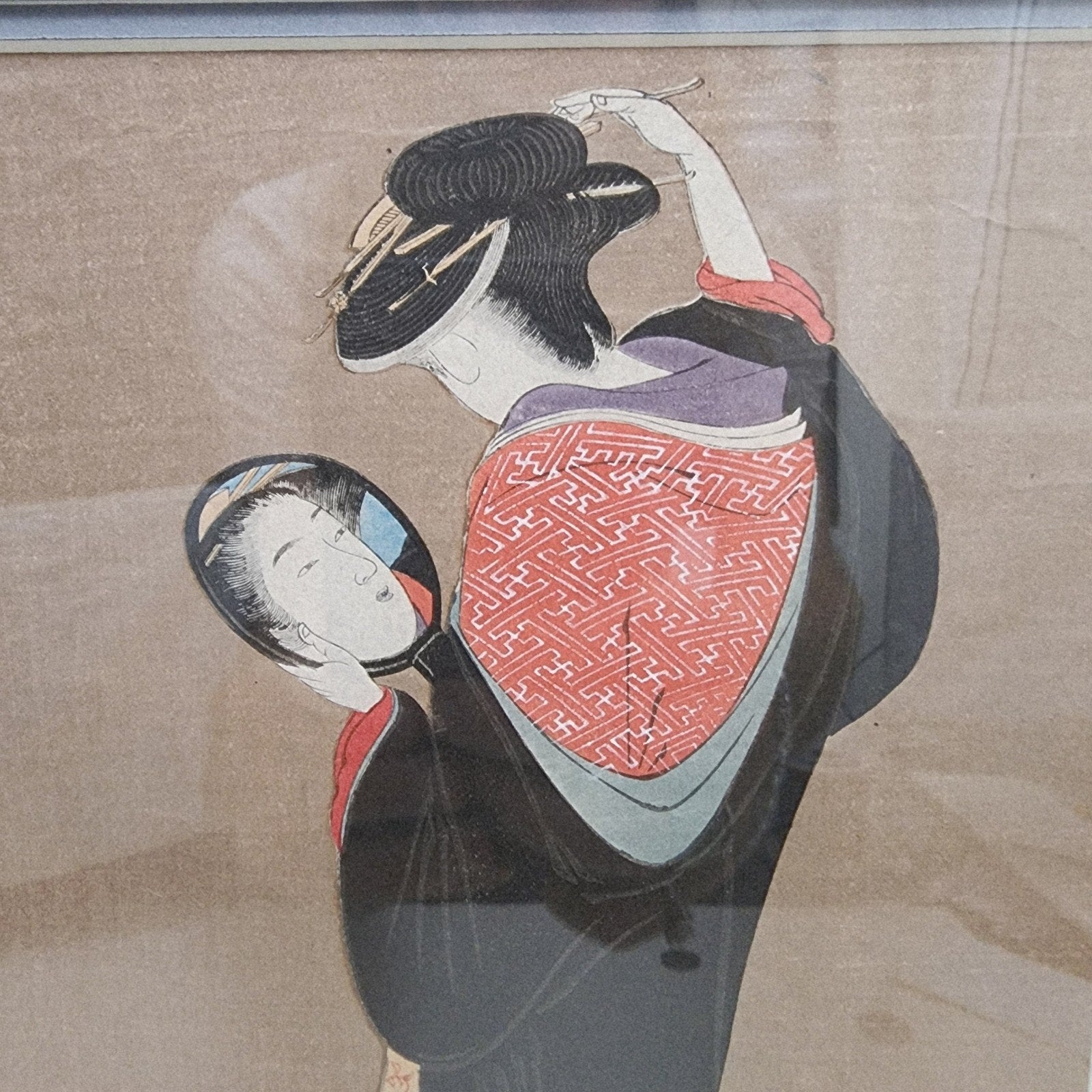 Kitagawa Utamaro Japanese Woodblick Print Girl Admiring Reflection 19c Recut