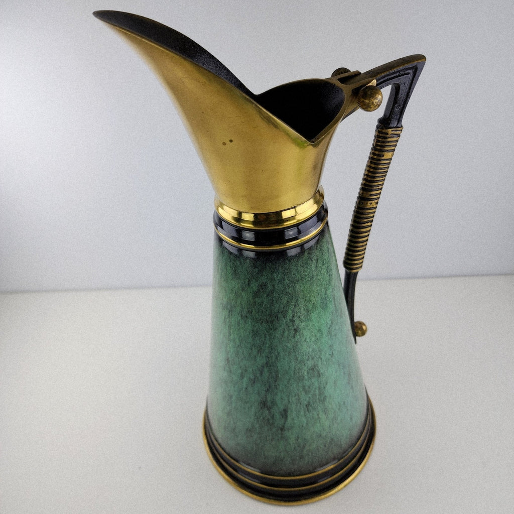 Dayagi Israel 12" Brass and Textured Green Enamel Pitcher Vintage