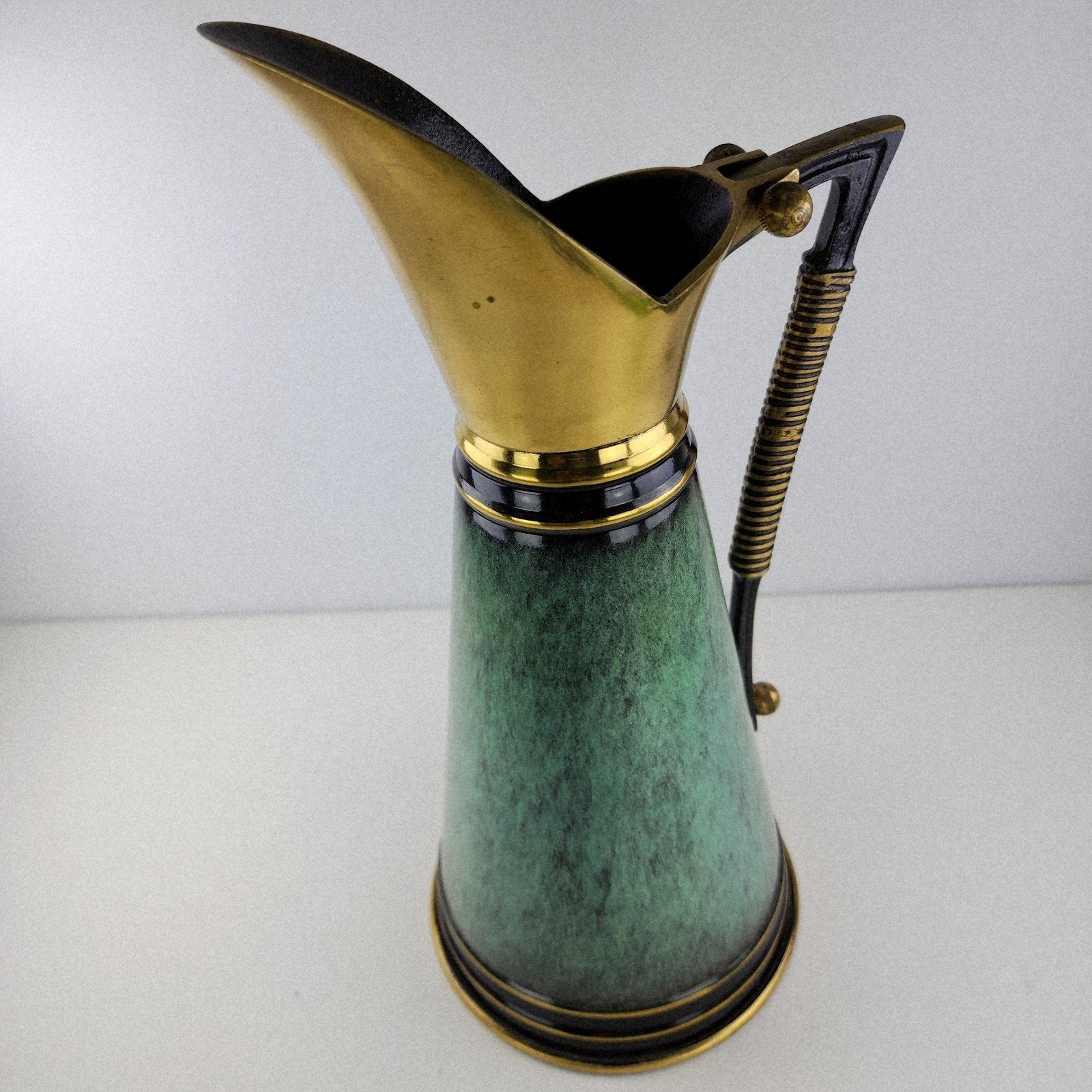 Dayagi Israel 12" Brass and Textured Green Enamel Pitcher Vintage