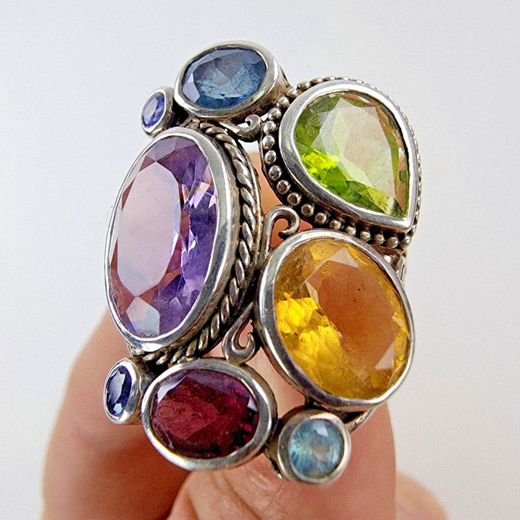 Designer Gemstone Cluster Ring Size 8 1/2 Sterling Silver 925 Vintage