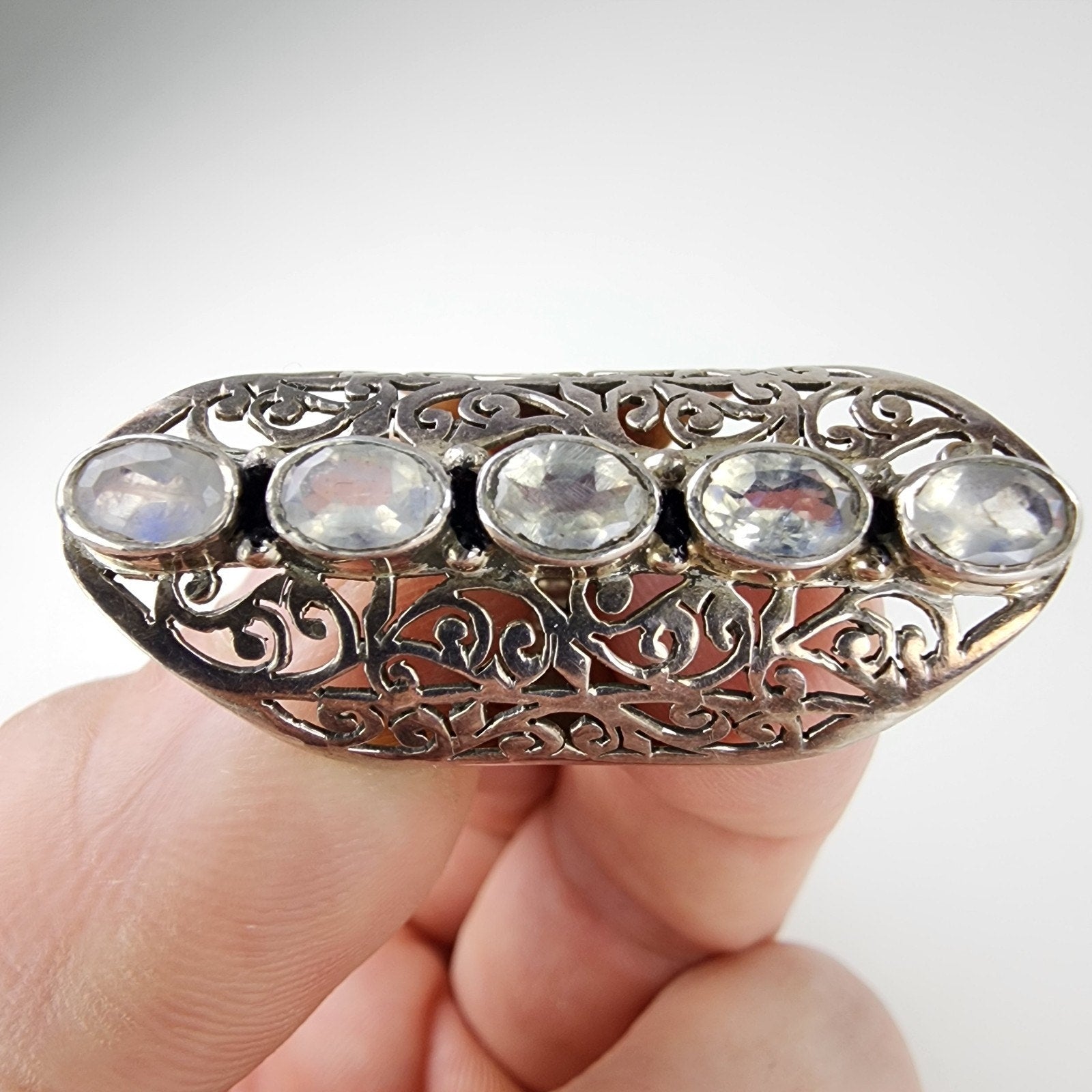 Rainbow Moonstone Filigree Shield Ring Size 7 1/2 Sterling Silver 925 Vintage