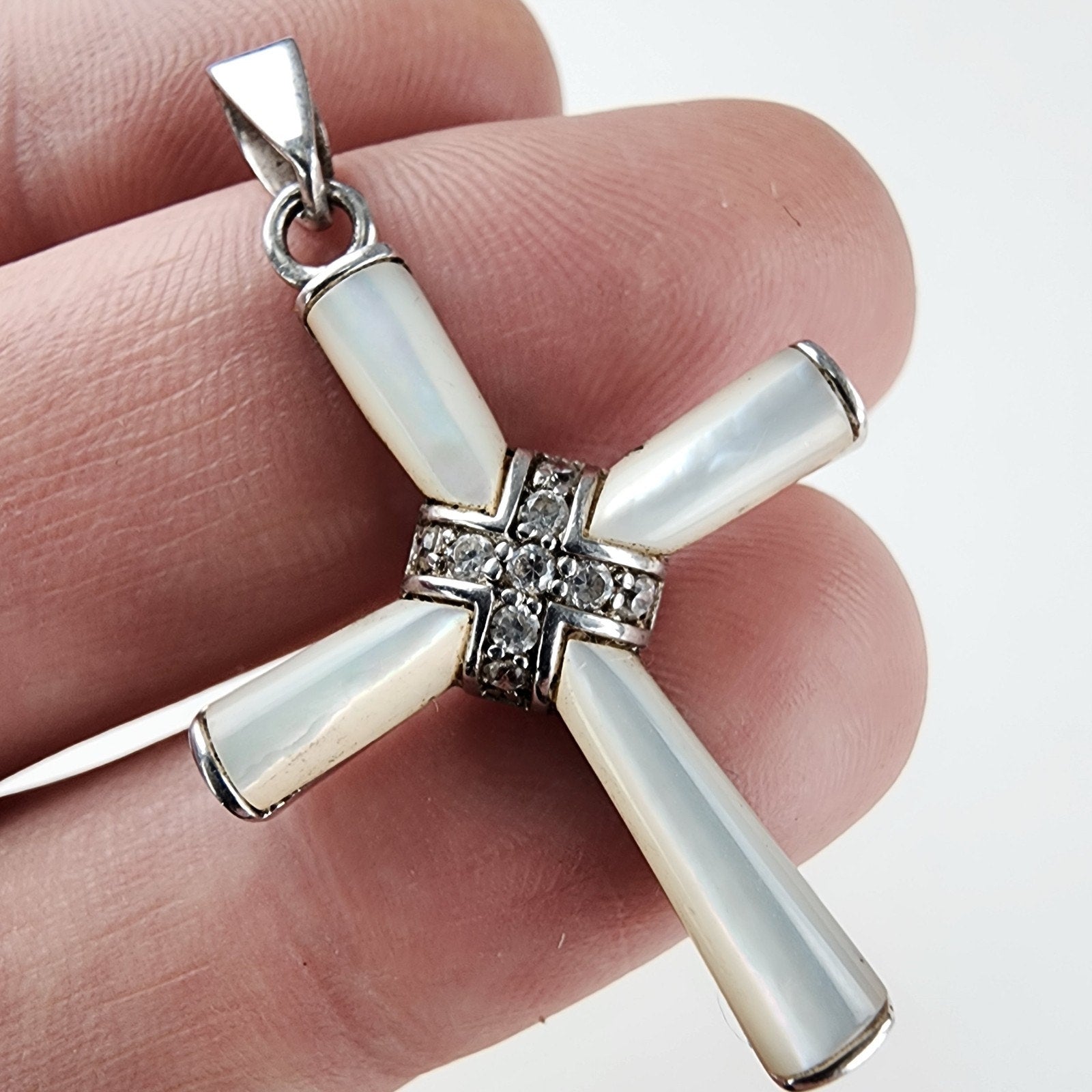 Mother of Pearl & Marcasite Cross Pendant Sterling Silver 925 Vintage