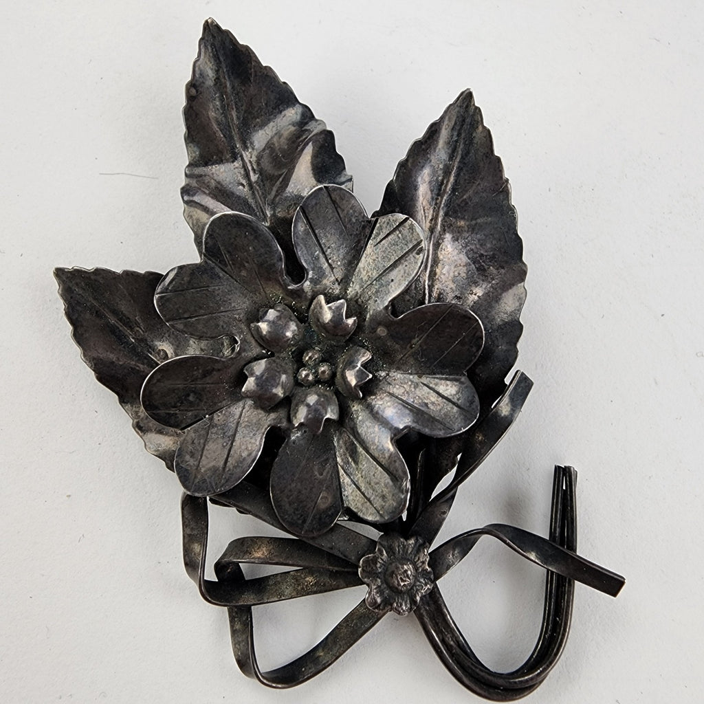 Leaf Ribbon Brooch Sterling Silver 925 Angello Bros Pin Antique