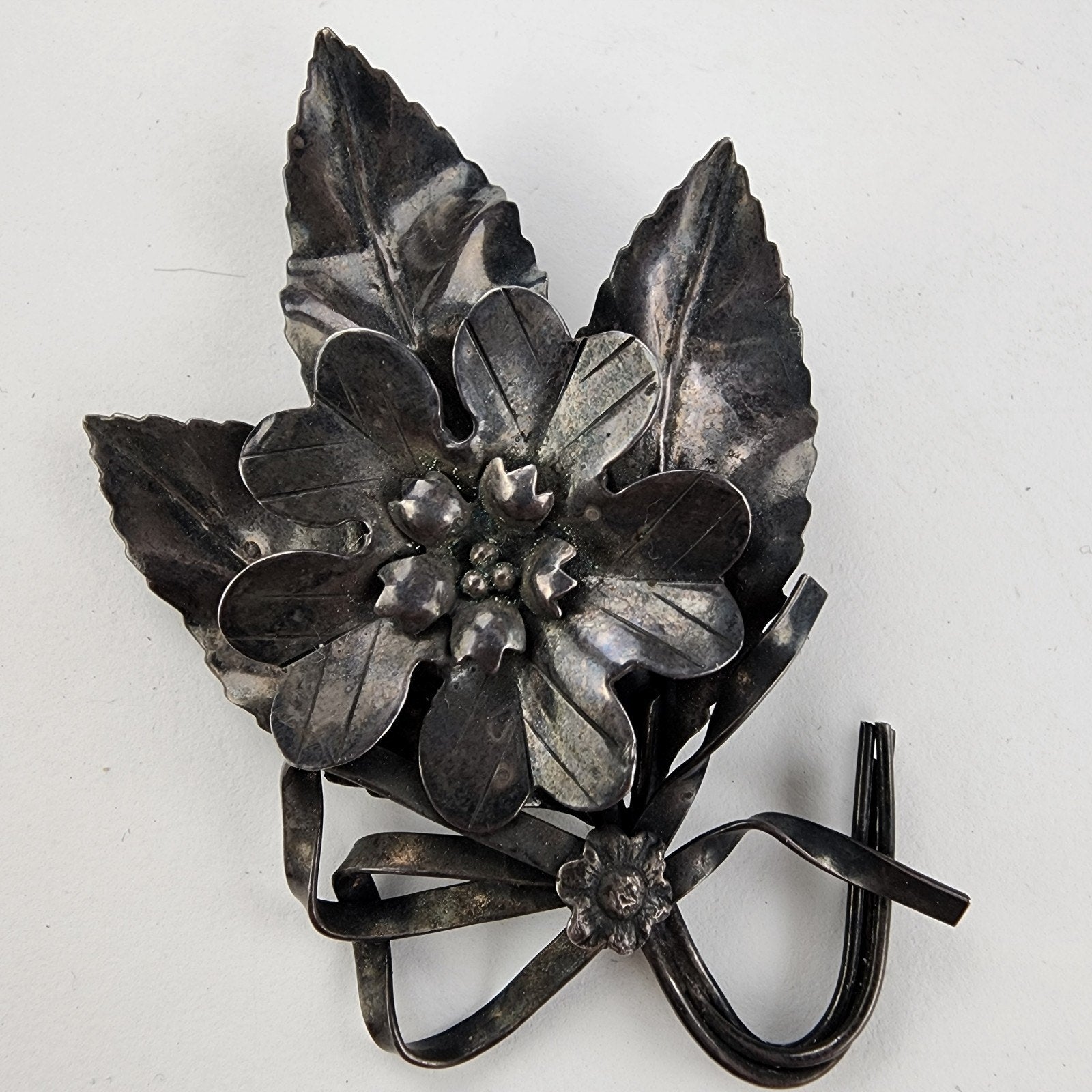 Leaf Ribbon Brooch Sterling Silver 925 Angello Bros Pin Antique