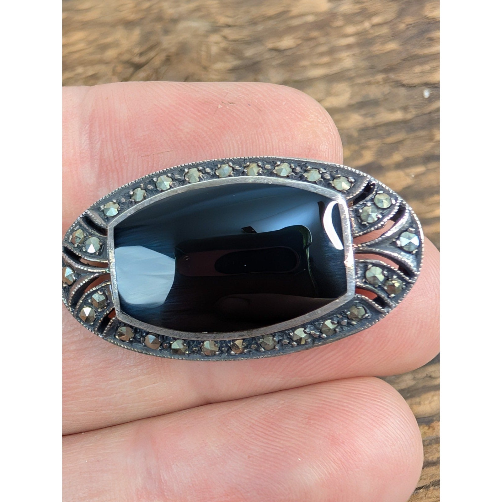 Art Deco Black Onyx Marcasite Sterling Silver 925 Brooch