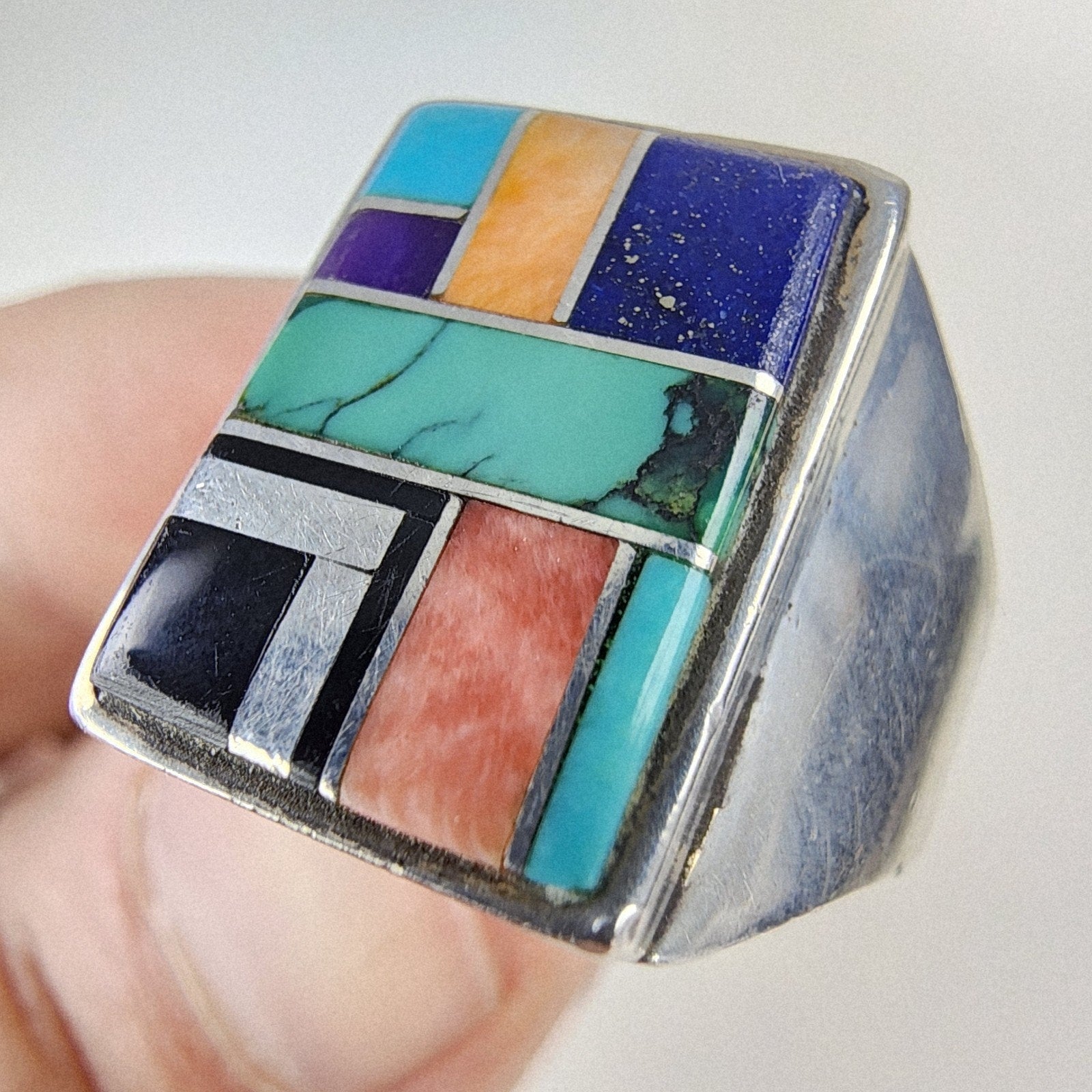 Touch of Santa Fe Inlay Ring Size 9 1/2 Turquoise Onyx Lapis Sterling Silver 925