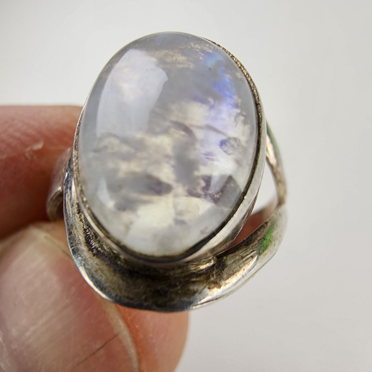 Modernist Rainbow Moonstone Cabochon Ring Size 8 Sterling Silver 925 Vintage