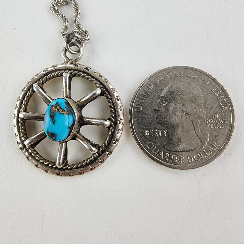 Old Pawn Turquoise Wagon Wheel Pendant Necklace Sterling Silver 925 Signed VP