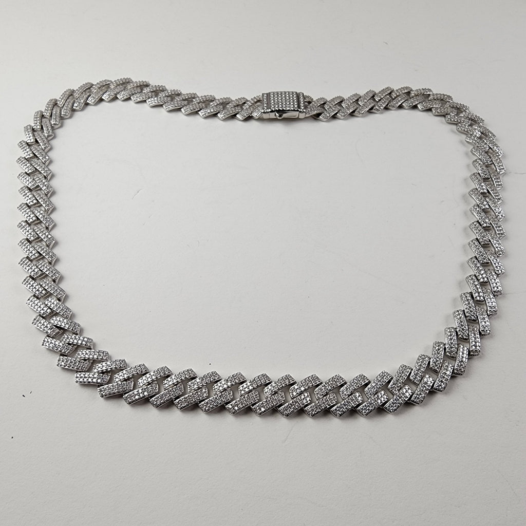 20" Moissanite 12mm Monaco Sterling Silver Tennis Necklace Iced Chain Cuban 76g