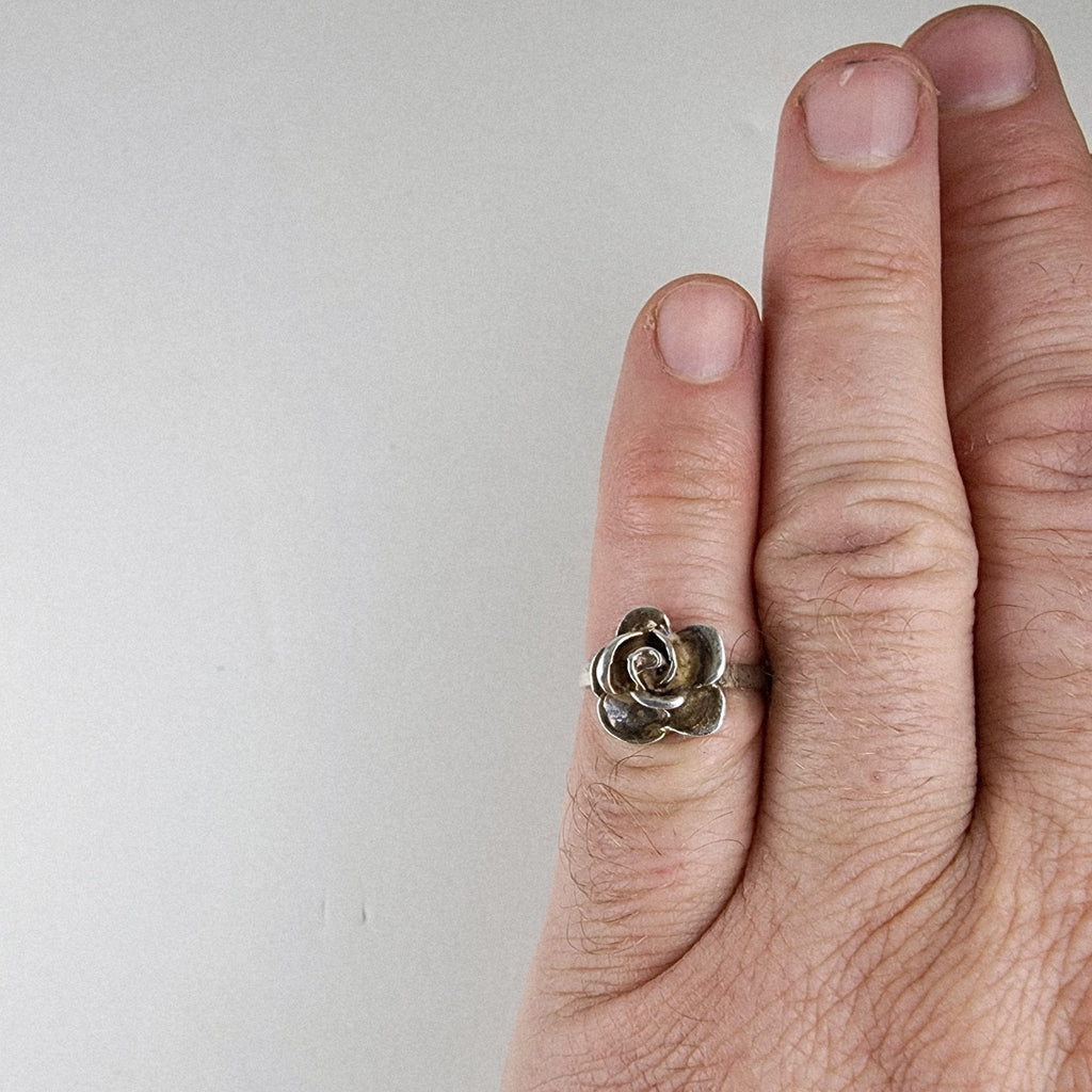 3D Rose Flower Ring Size 7 1/4 Sterling Silver 925 Vintage Band