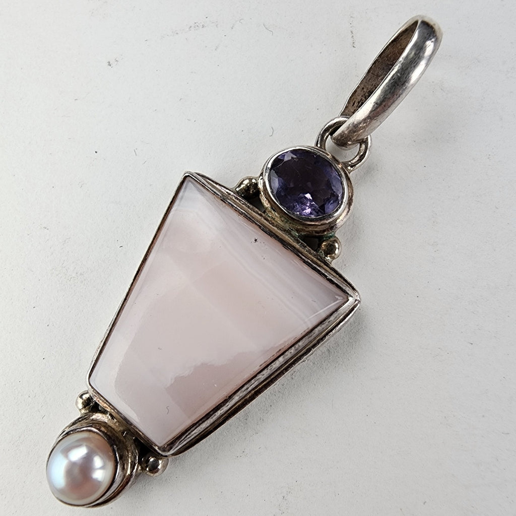Pink Rhodonite Pearl & Amethyst Pendant Sterling Silver 925 Vintage