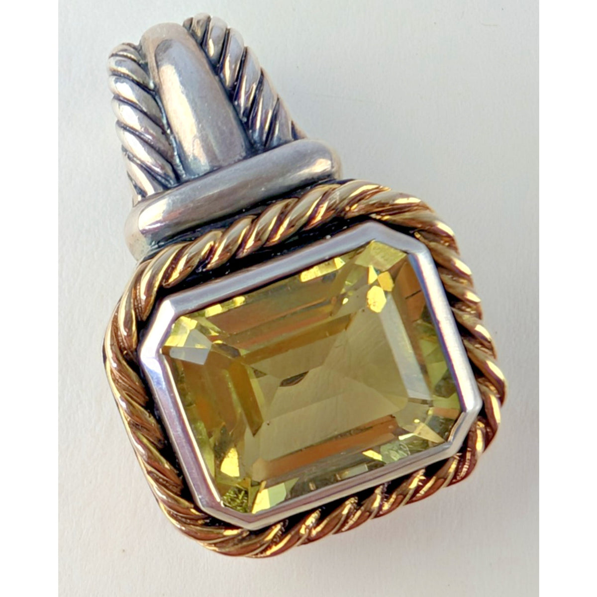 14K Yellow Gold Lemon Quartz Sterling Silver 925 Emerald Cut Vintage 5ct Pendant
