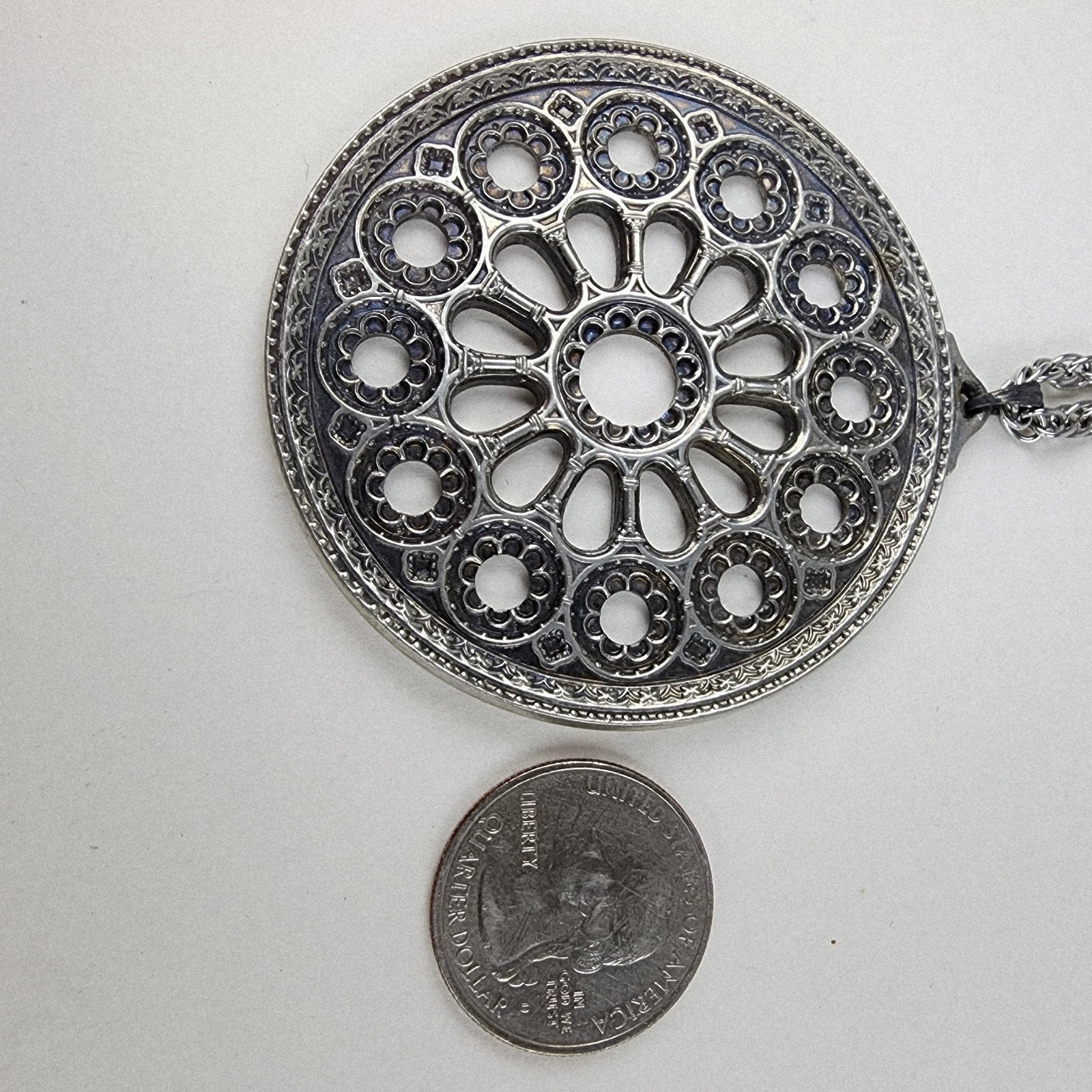 18" Rose Window Pendant Necklace Chartres Cathedral Kirk Pewter 1975