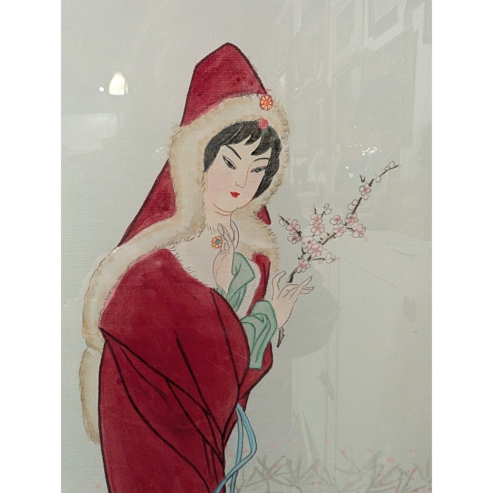 Japanese Geisha Girl Silk Painting Stamped with Gilt Bamboo Frame 20" x 15"