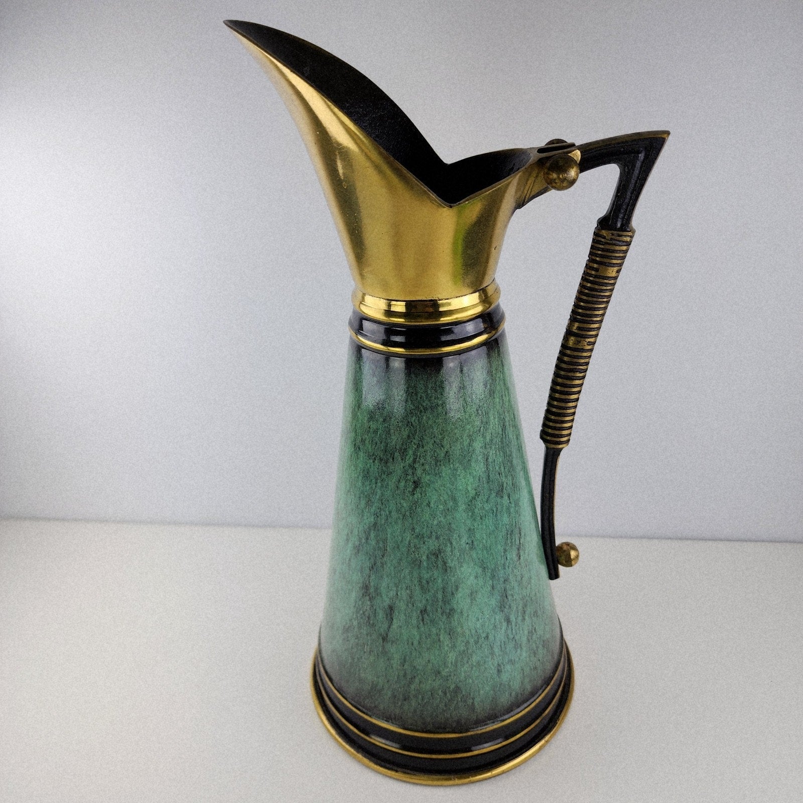 Dayagi Israel 12" Brass and Textured Green Enamel Pitcher Vintage