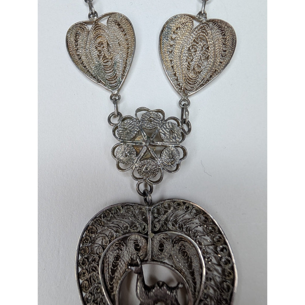 Vintage Filigree Sterling Silver 925 Heart Necklace w/ Camel 18 1/2" Tribal Peru