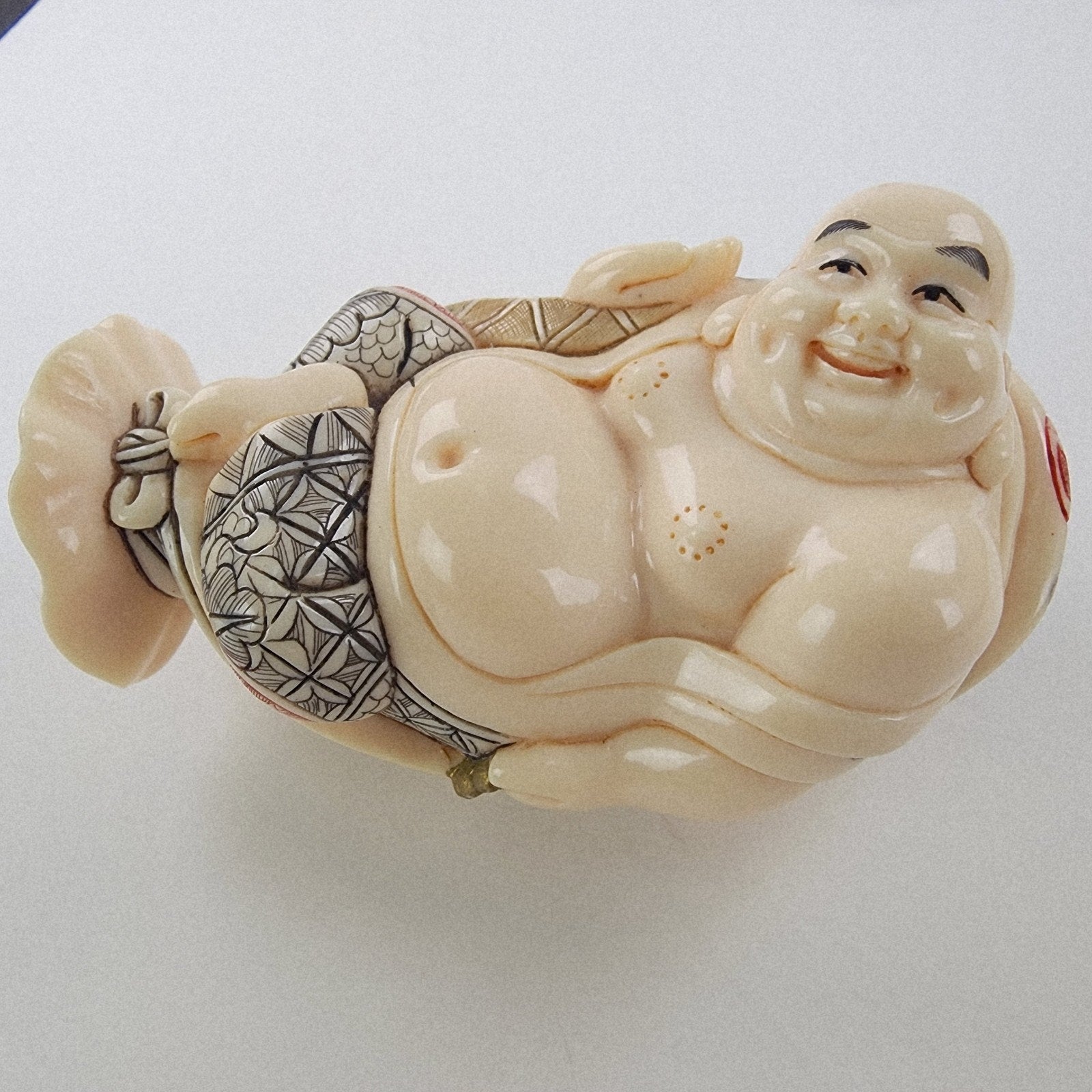 Chinese Happy Smiling Buddha in Shell Resin Decorated Figure Vintage