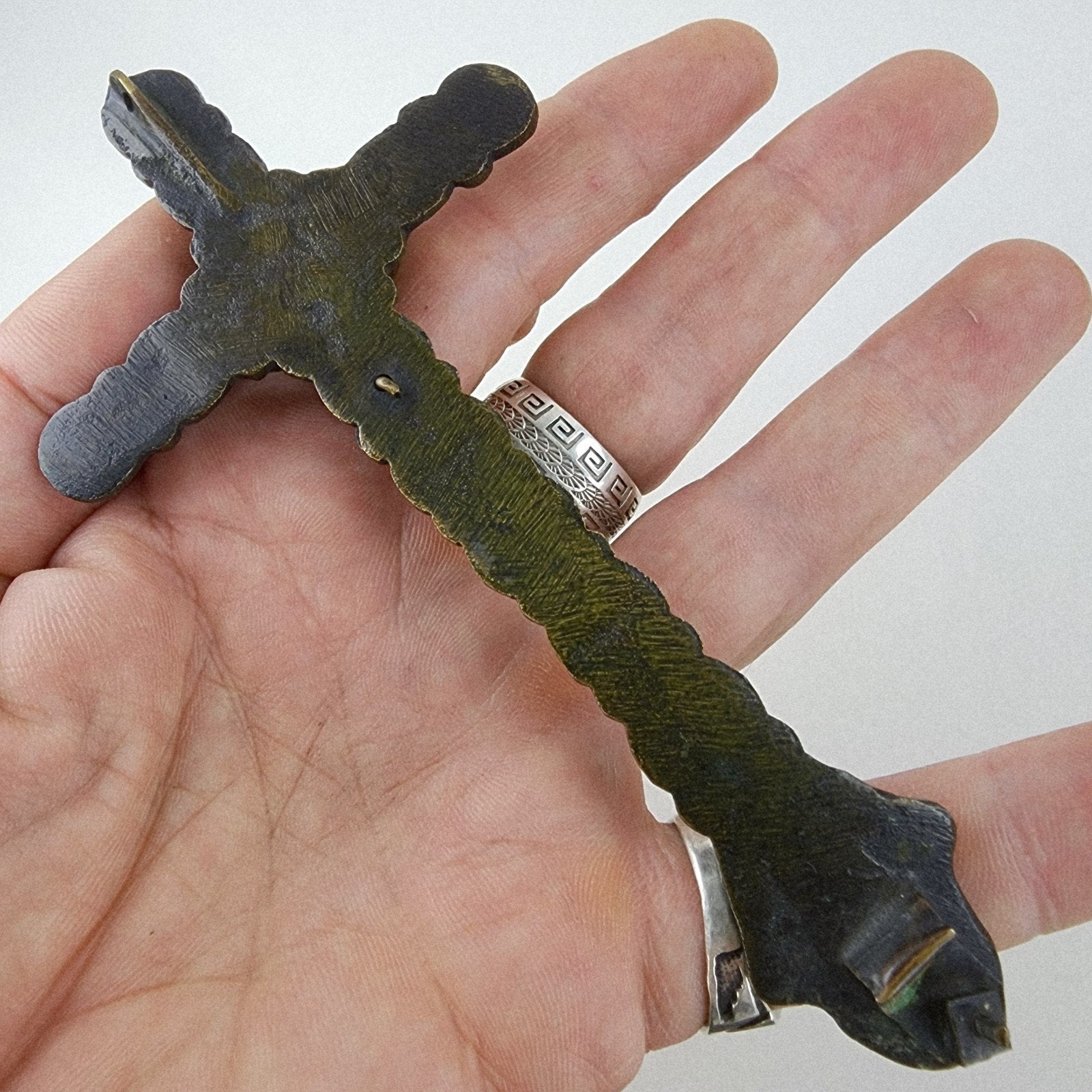 18/19th C Spanish Colonial Bronze Crucifix Antique Brass Cross 5"