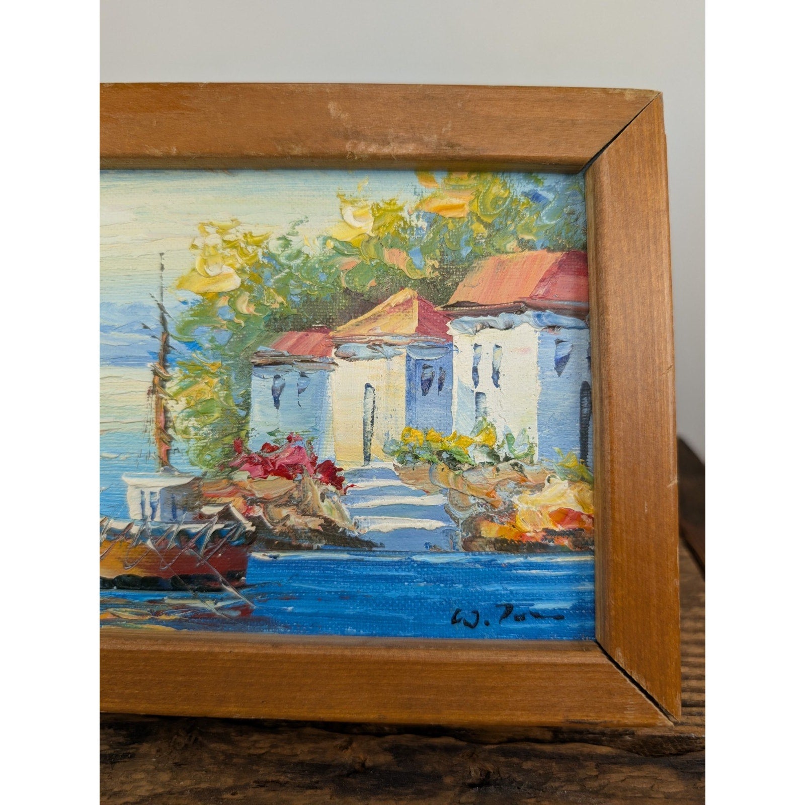 Impressionist Acrylic on Canvas Mediteranean Scene Boat in Harbor Painting