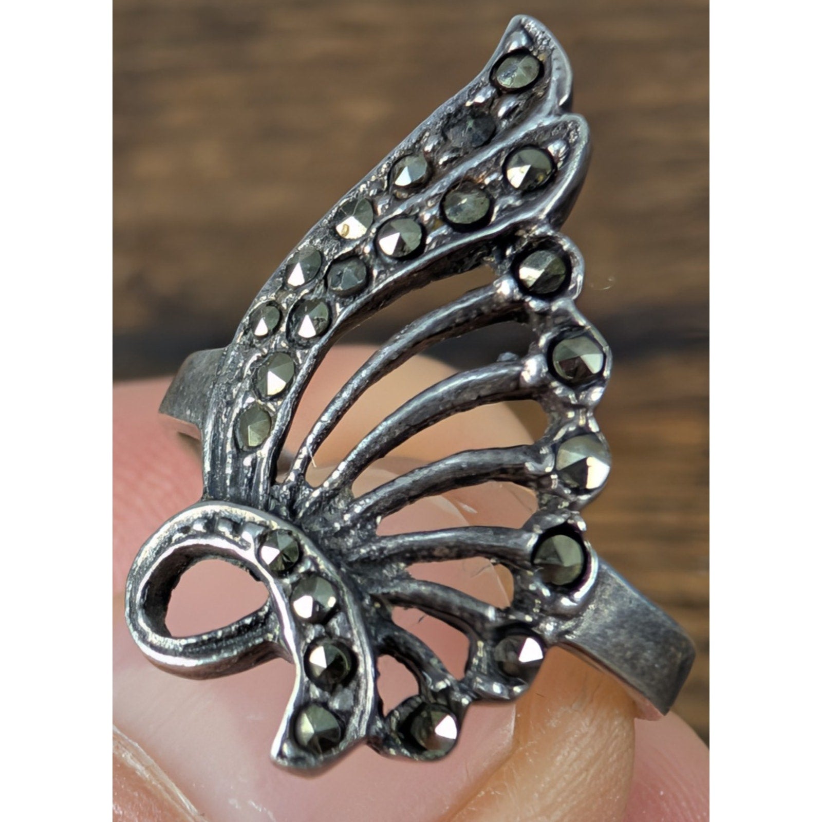 Vintage Marcasite Butterfly Wing Sterling Silver 925 Ring Size 6