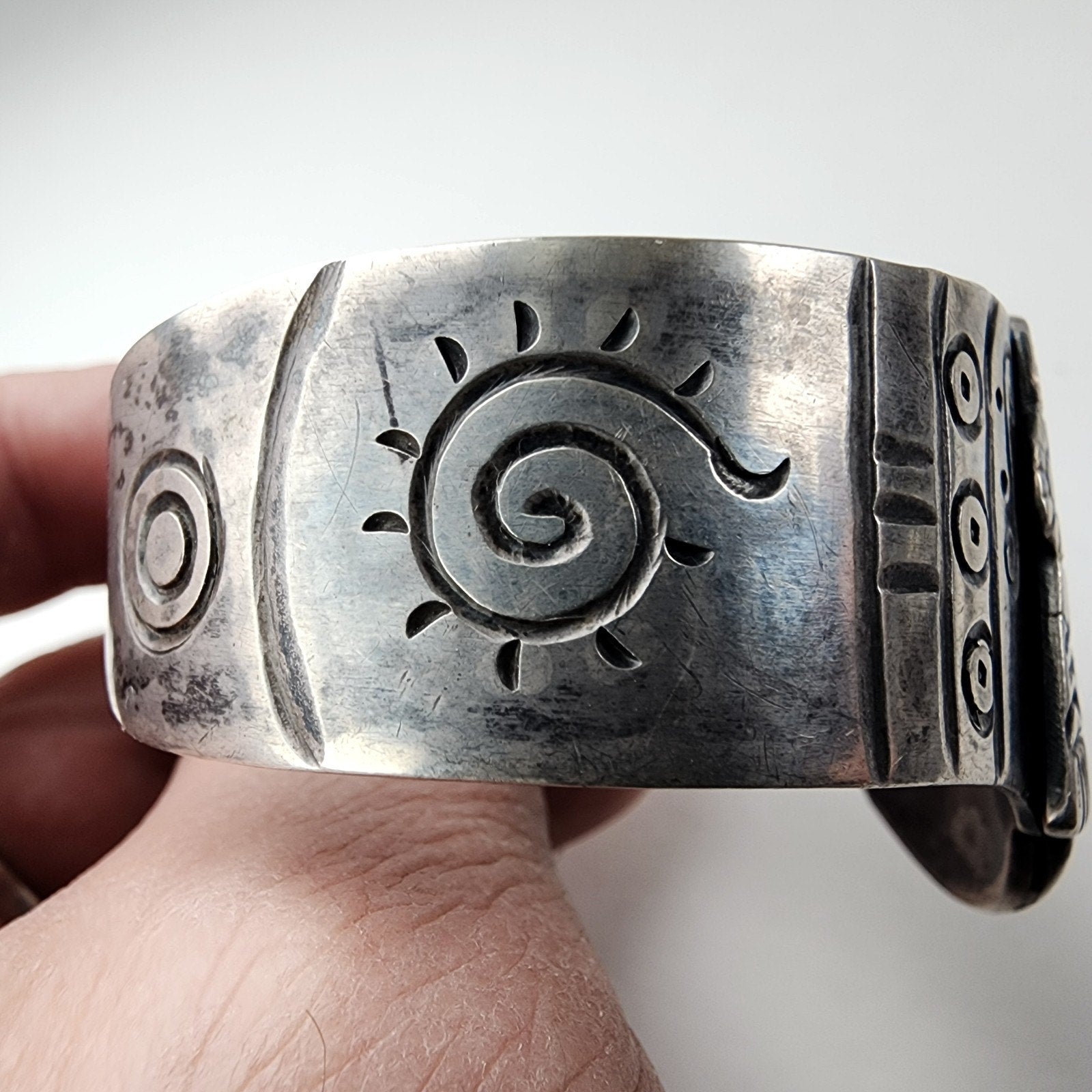 Early Taxco Mayan Warrior Cuff Bracelet 980 Sterling Silver