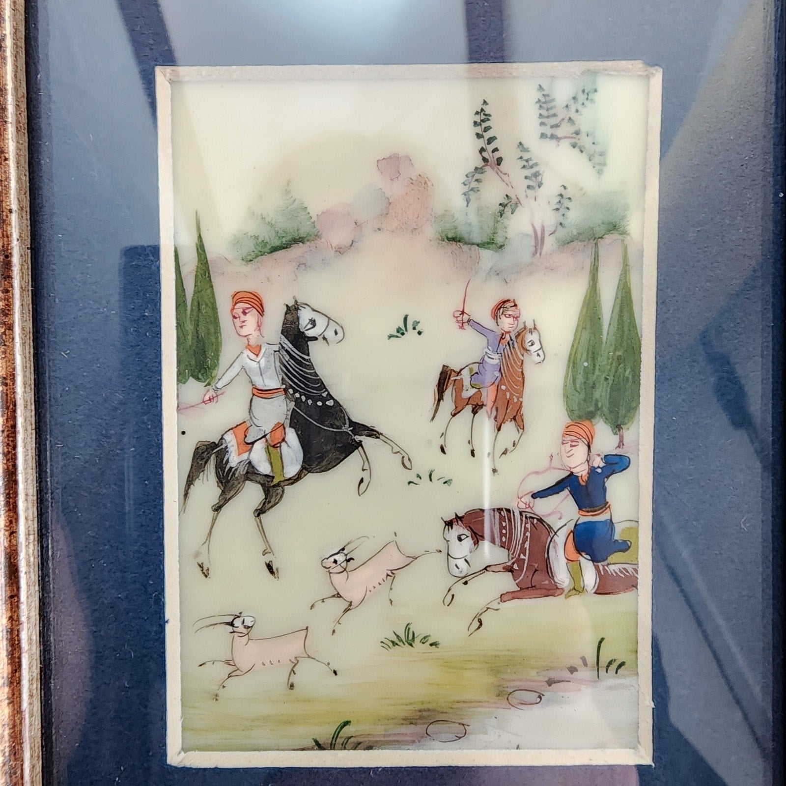 Miniature Persian Painting of The Hunt on Celluloid Framed MCM