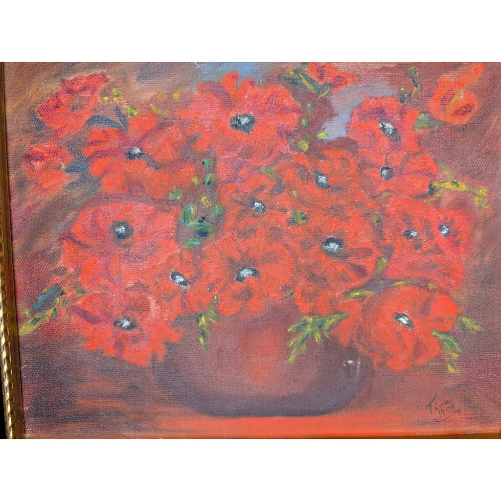 Roses Still Life Signed Tina 1979 Acrylic on Canvas Framed