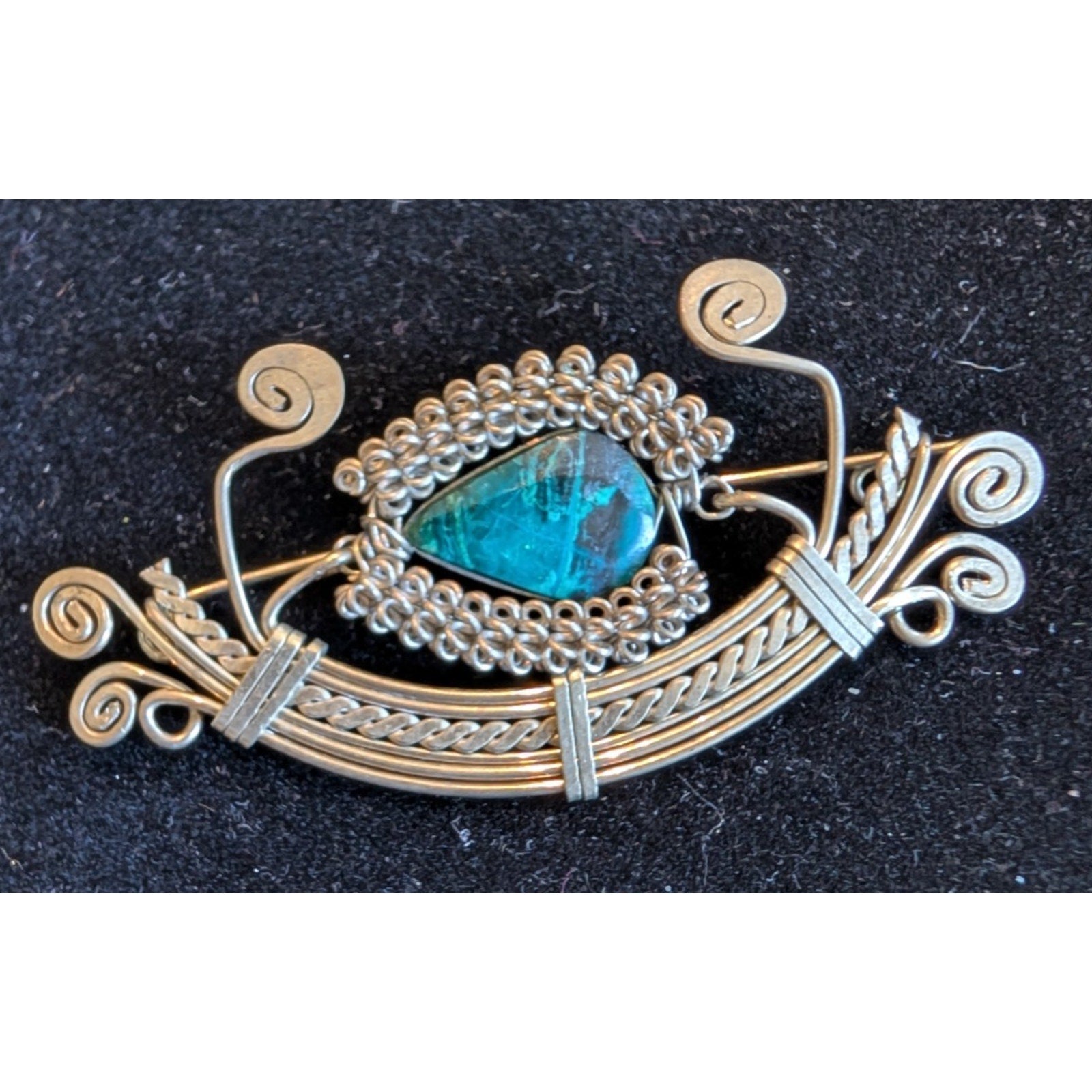 Vintage Turquoise Sterling Silver 925 Wire Wrap Handmade Brooch Pin