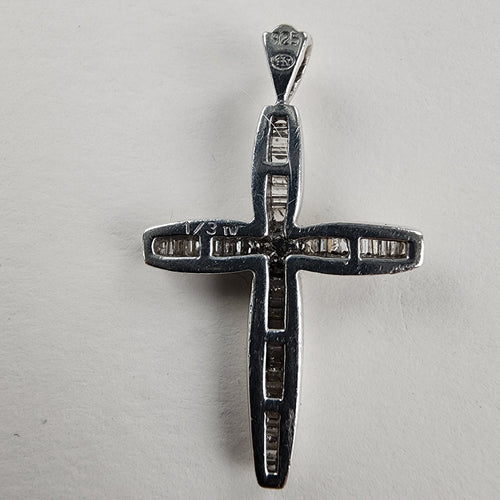 1/3ct Natural Baguette Cut Diamond Cross in Sterling Silver 925 Pendant