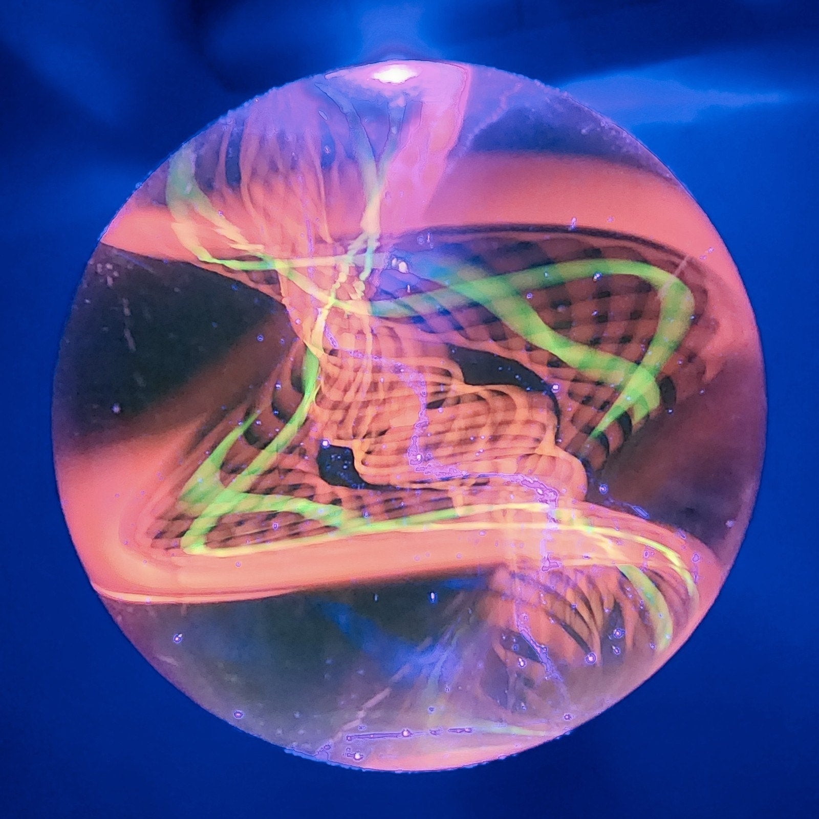 43mm UV Orange Double Twist Spiral Borosilicate Marble Signed Eddie Seese 2015
