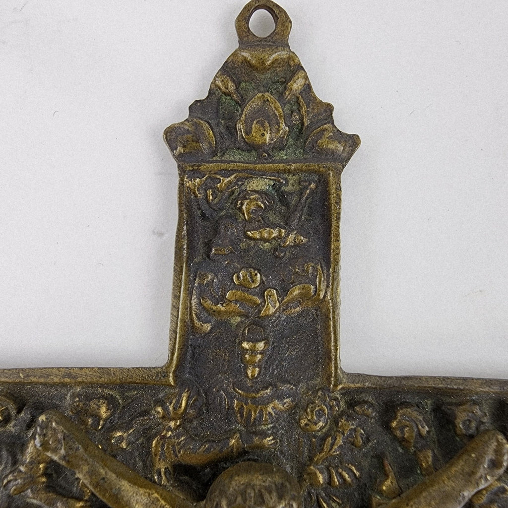 19th C European Baroque Bronze Crucifix Antique Relief Cross 7 1/2"