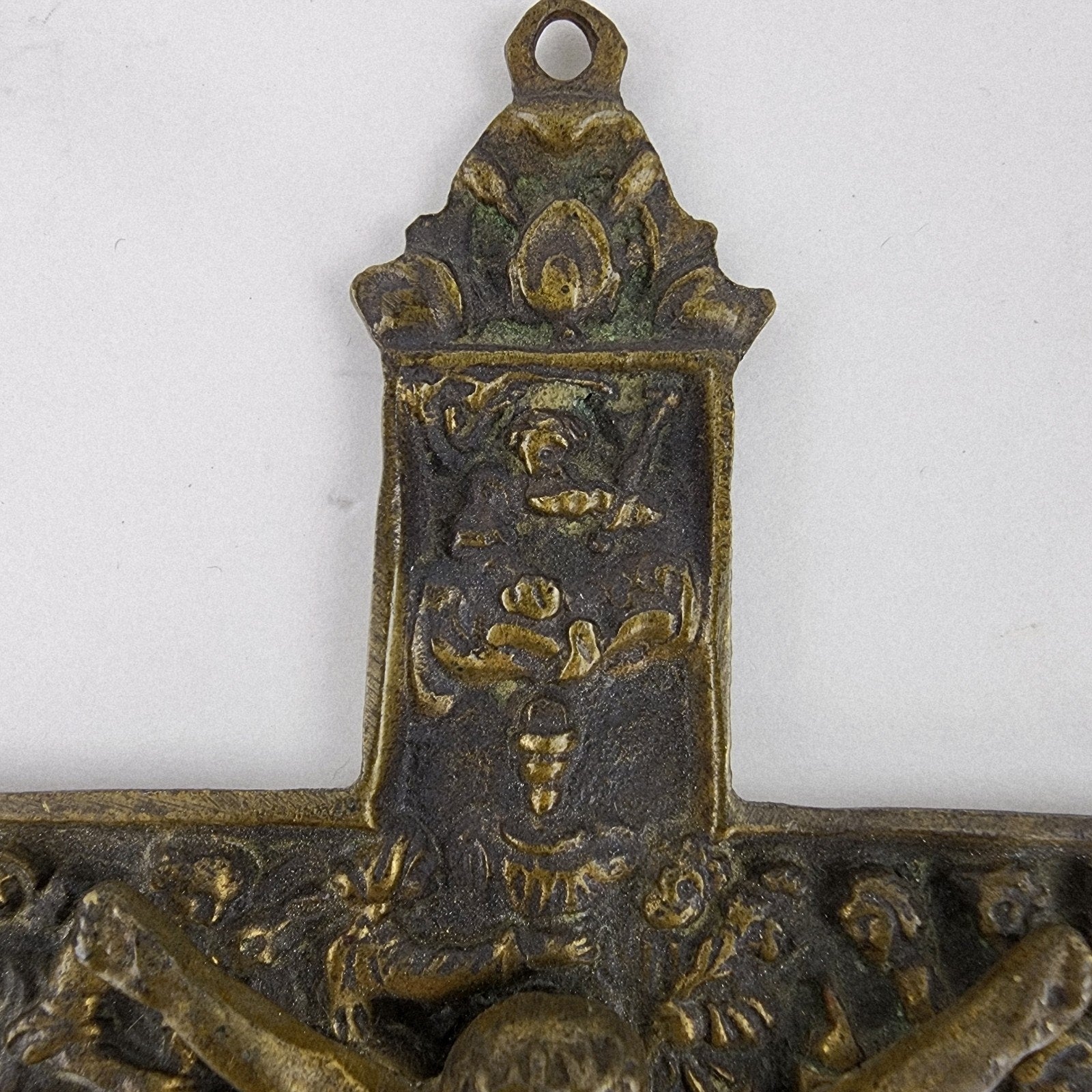 19th C European Baroque Bronze Crucifix Antique Relief Cross 7 1/2"