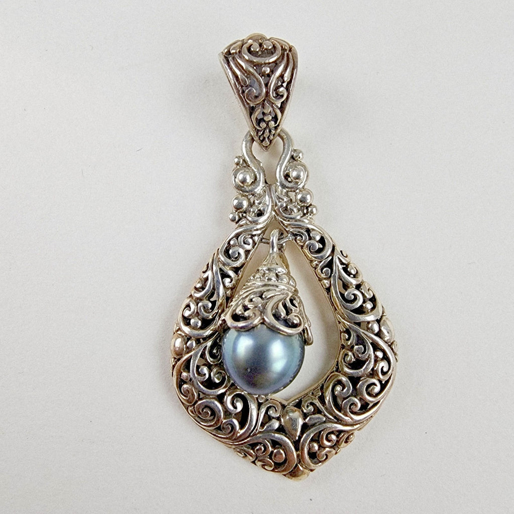 Sarda Black Pearl Dangle Designer Pendant Sterling Silver 925 Vintage Bali