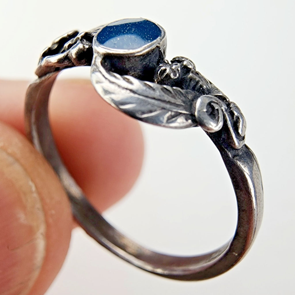 Blue Sparkle Enamel Leaf Ring Size 8 Sterling Silver 925 Vintage