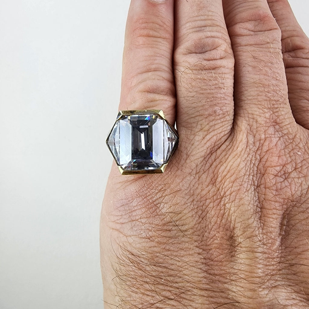 Bold Emerald & Trillion Cut Cocktail Ring Size 9 1/2 Sterling Silver 925 Vintage
