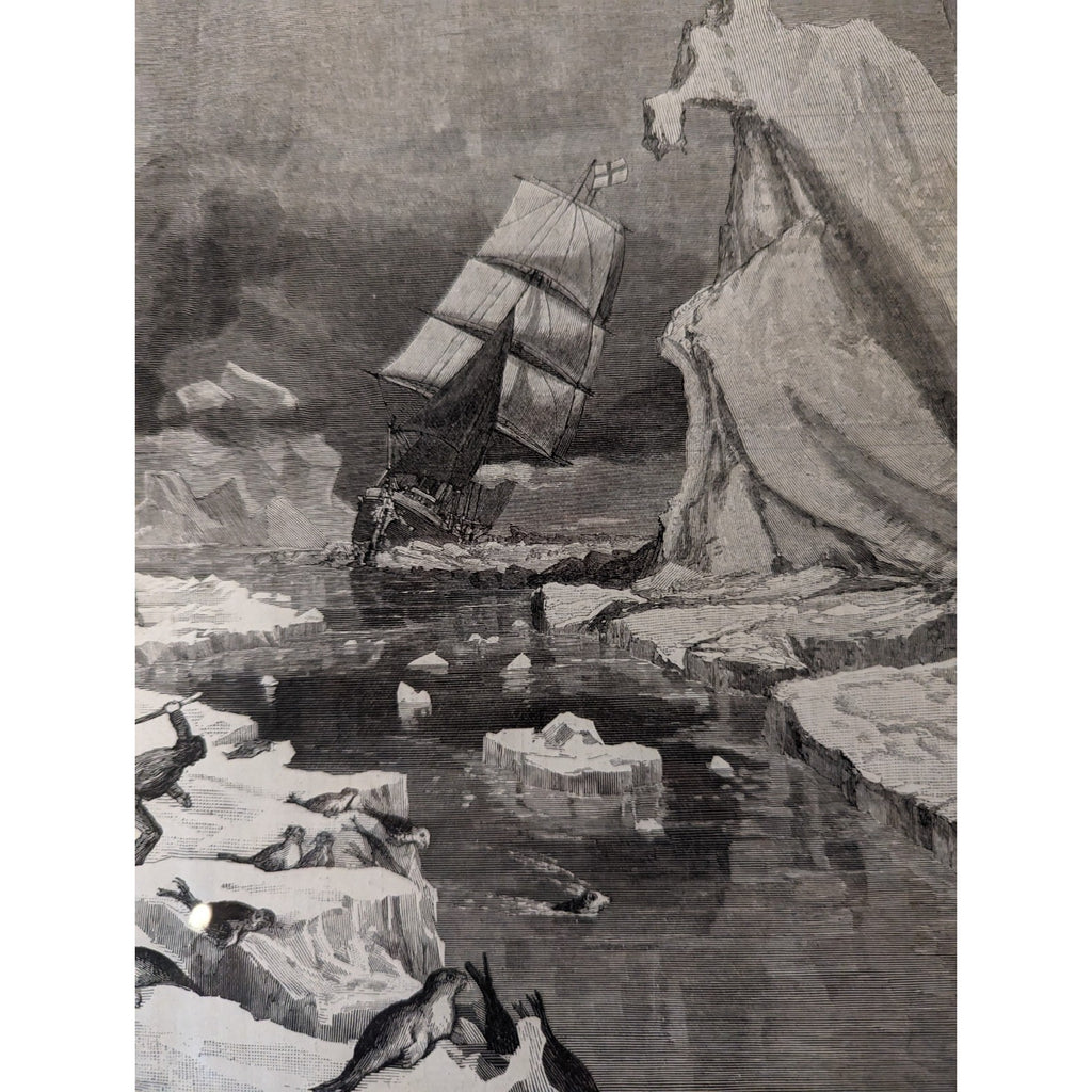 Framed 1881 Seal Hunt Print from Harpers Weekly Victorian Artwork Black & White