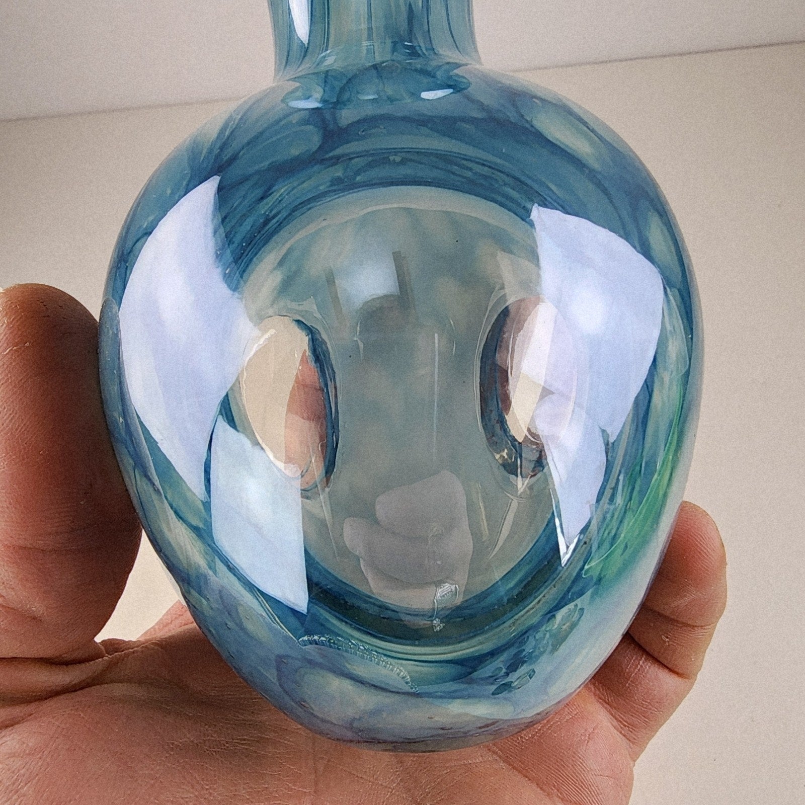 6" Blue Implosion Window Vase Art Glass Handmade Flower Bud